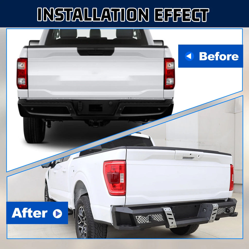 Off-Road Steel Rear Bumper Fit For 2015-2026 Ford F-150 w/2*4" LED Lights+2*D-Rings