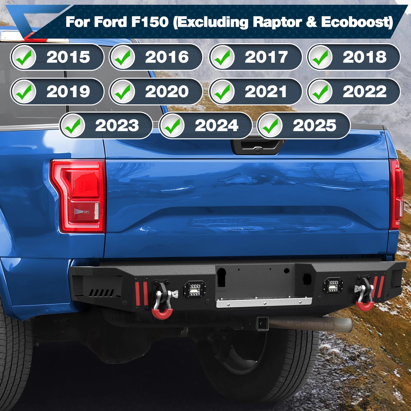 Rear Bumper Fit For 2021-2025 Ford F-150 F150 Off-Road Bumper w/LED Lights D-Ring