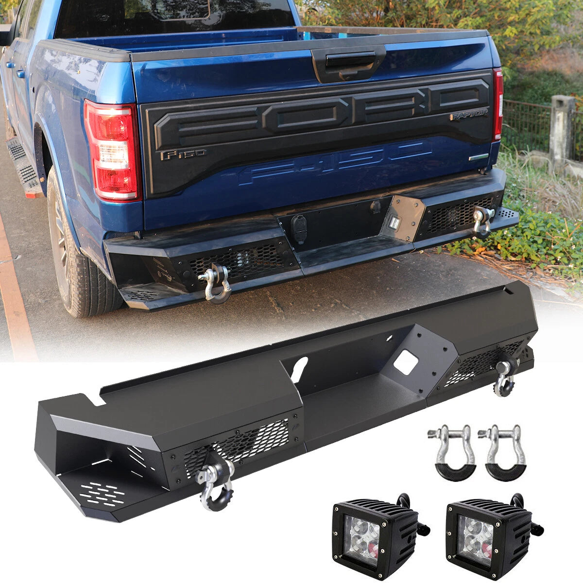 Off-Road Micro-texture Steel Rear Bumper+Shackles+Lights Fit For 2015-2026 Ford F150