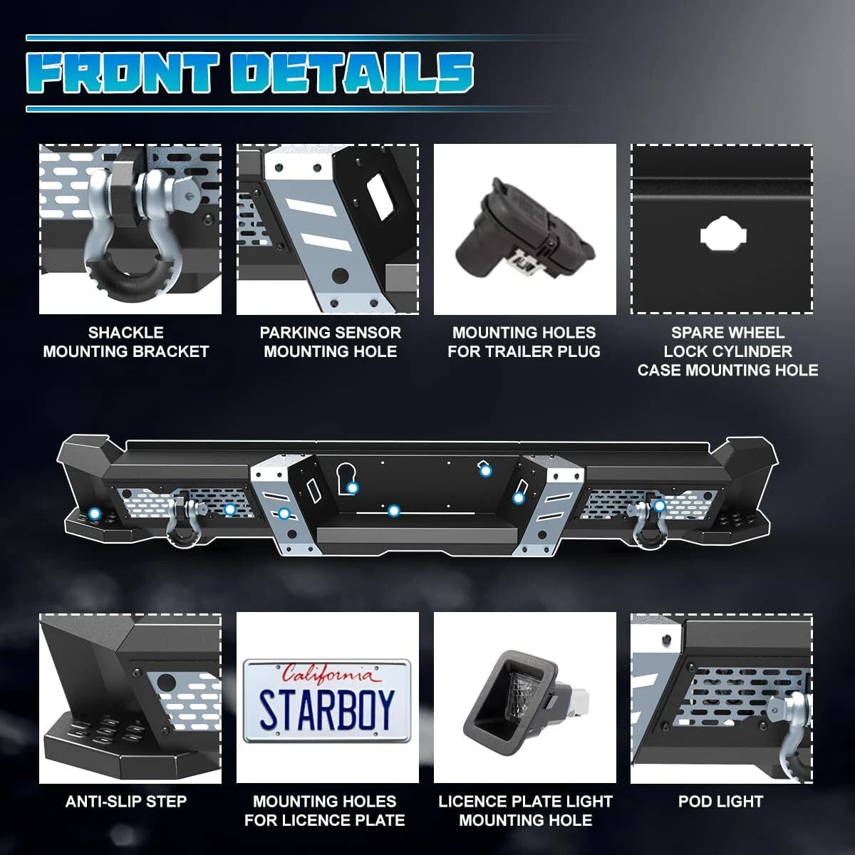 Off-Road Steel Rear Bumper Fit For 2015-2026 Ford F-150 w/2*4" LED Lights+2*D-Rings