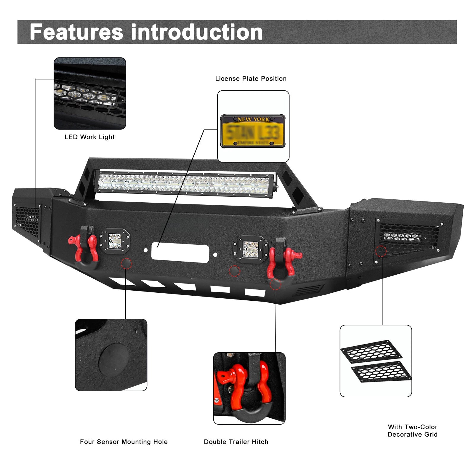 Front Bumper For 2018-2020 Ford F150 F150 Off-Road Bumper w/LED Lights D-Ring