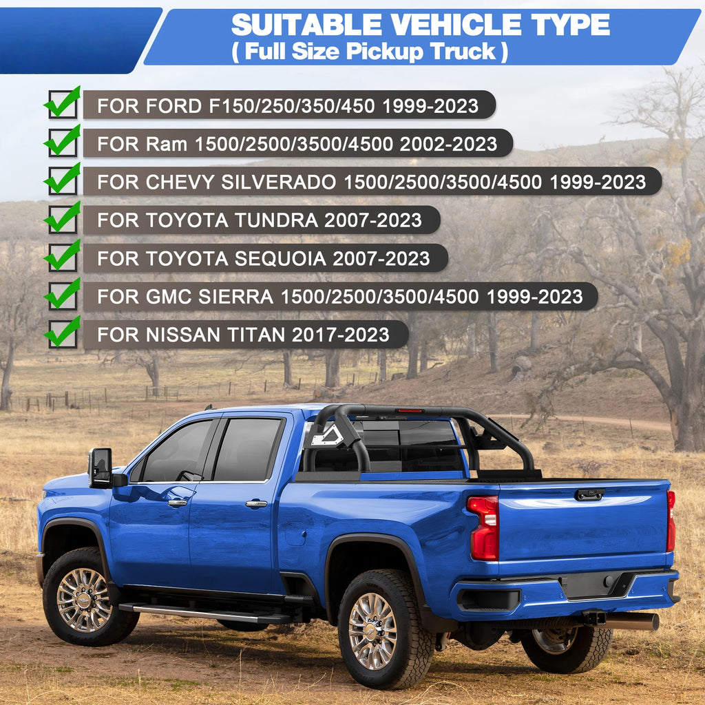 Adjustable Sport Bar Truck Bed Chase Rack Roll Bar Fit For F-150/Ram/Sierra 1500/Tundra/Silverado