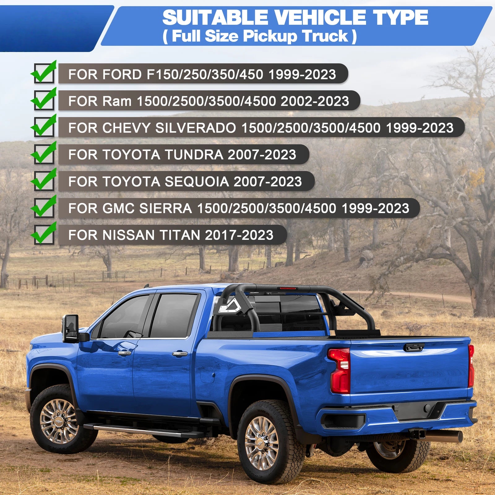 Adjustable Sport Bar Truck Bed Chase Rack Roll Bar Fit For F-150/Ram/Sierra 1500/Tundra/Silverado