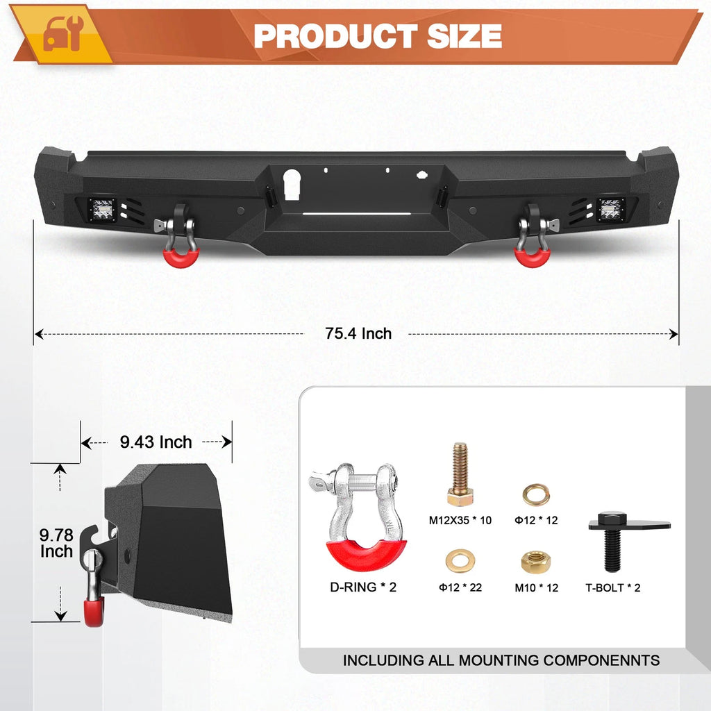 Rear Bumper w/Sensor Holes &LED Lights &D-rings For Ford F150 2015-2025 Off-Road