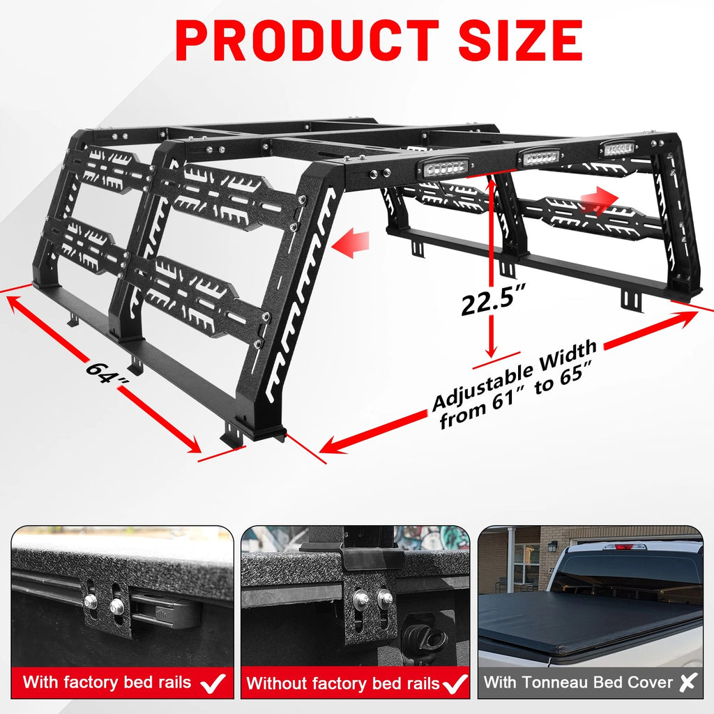 22.5" Full Size Truck Bed Rack Cargo Carrier with LED Fit For Ford/Dodge Ram/Tundra/Silverado/Nissan Titan