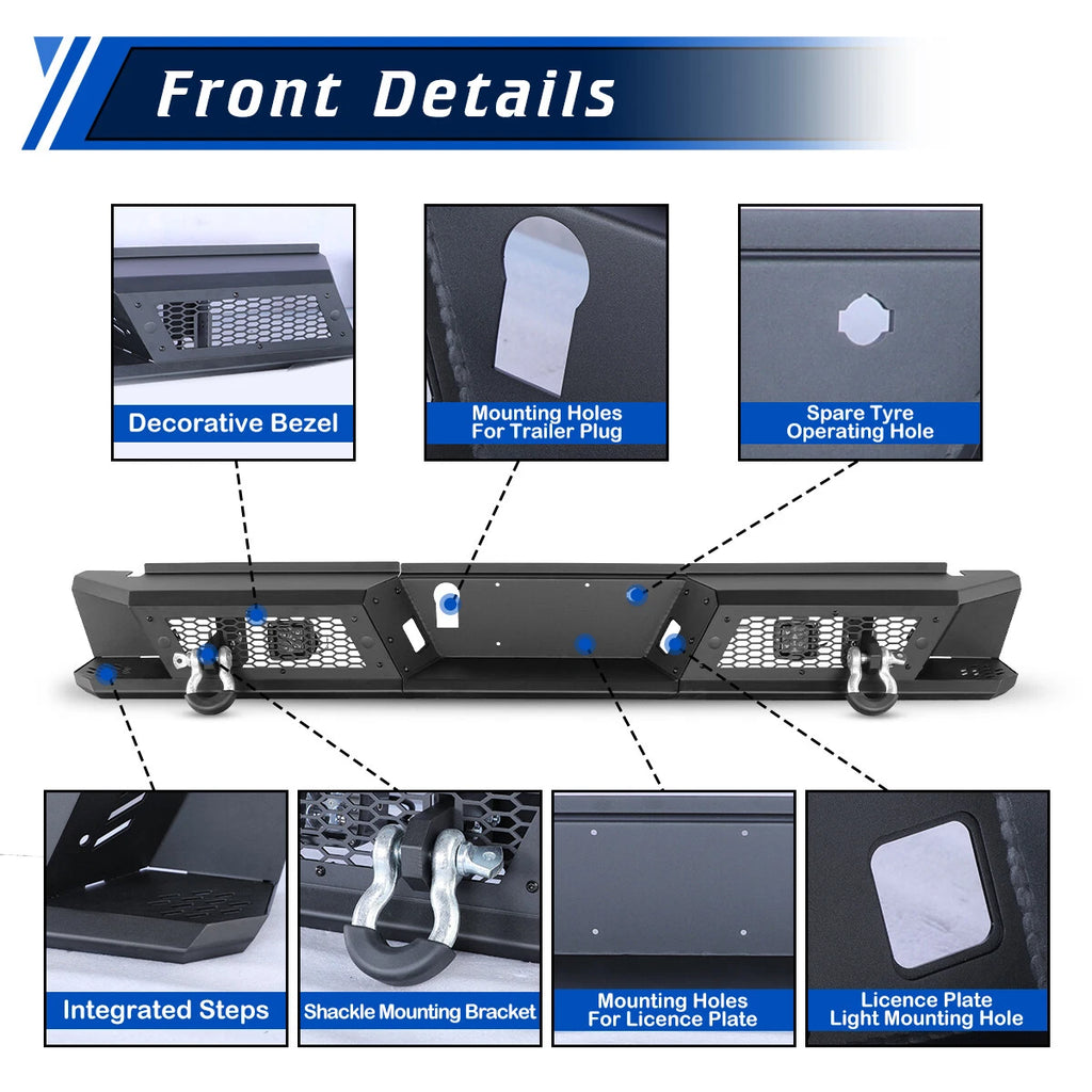 Off-Road Micro-texture Steel Rear Bumper+Shackles+Lights Fit For 2015-2026 Ford F150