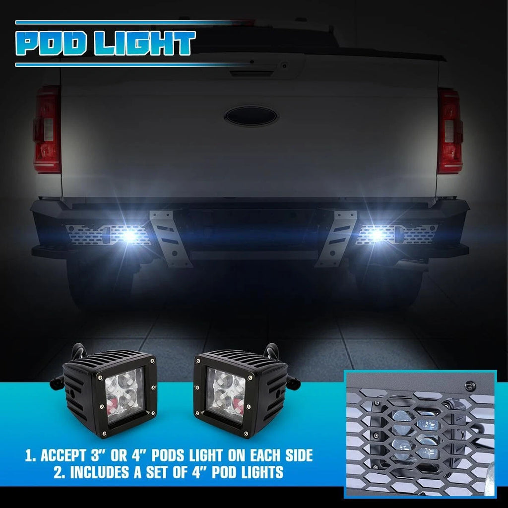 Off-Road Steel Rear Bumper Fit For 2015-2026 Ford F-150 w/2*4" LED Lights+2*D-Rings