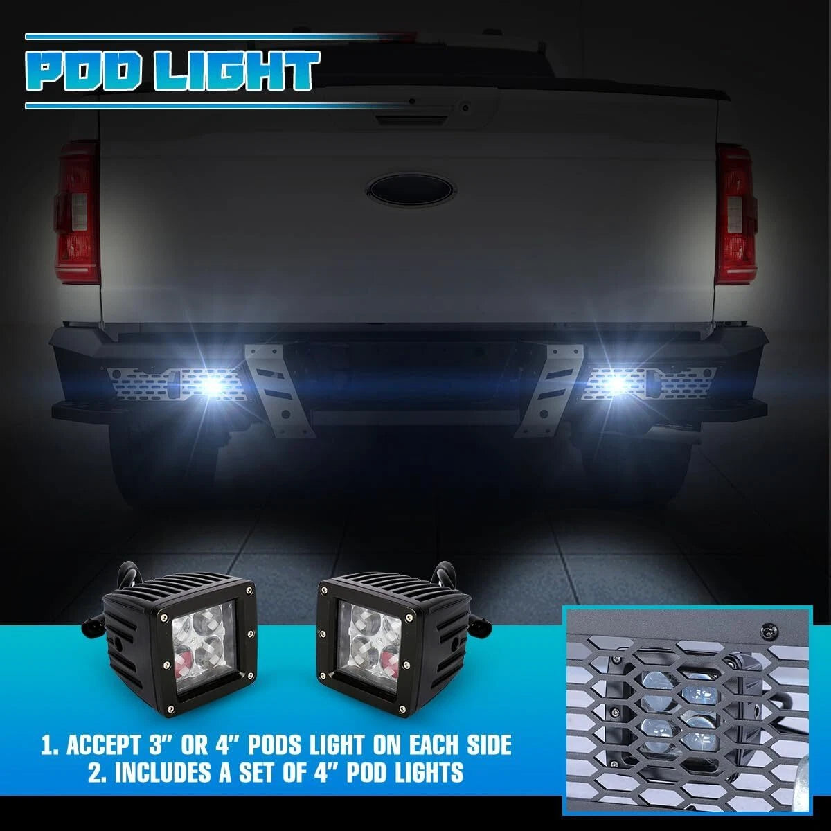 Off-Road Steel Rear Bumper Fit For 2015-2026 Ford F-150 w/2*4" LED Lights+2*D-Rings