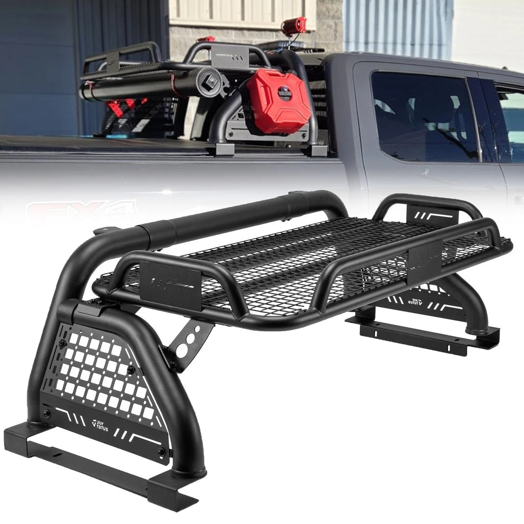 Adjustable Sport Bar Truck Bed Chase Rack Roll Bar w/ Cargo Basket Fit For F150 F250 F350 Ram Full-Size Truck