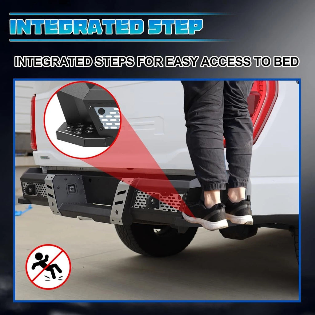 Off-Road Steel Rear Bumper Fit For 2015-2026 Ford F-150 w/2*4" LED Lights+2*D-Rings