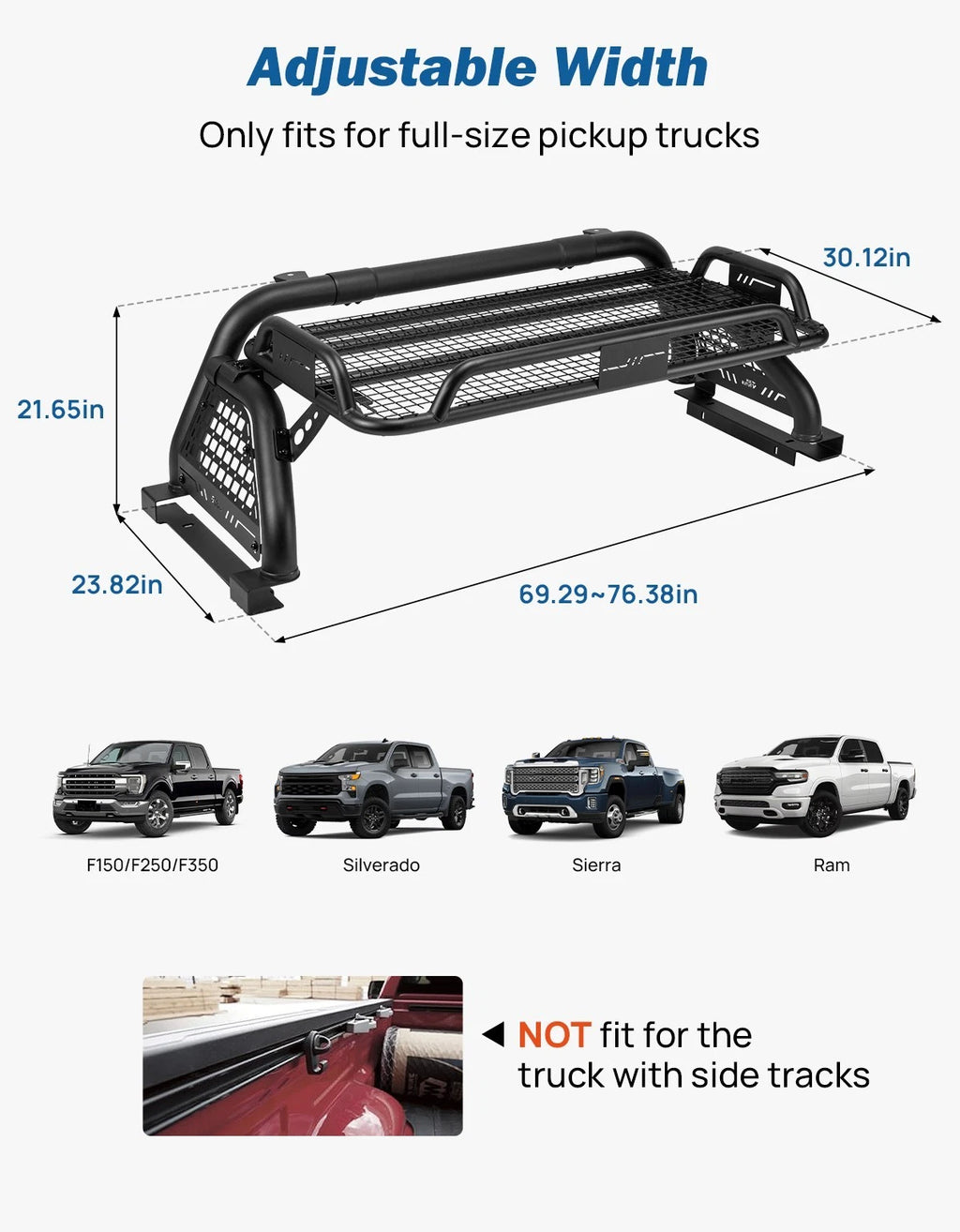 Adjustable Sport Bar Truck Bed Chase Rack Roll Bar w/ Cargo Basket Fit For F150 F250 F350 Ram Full-Size Truck