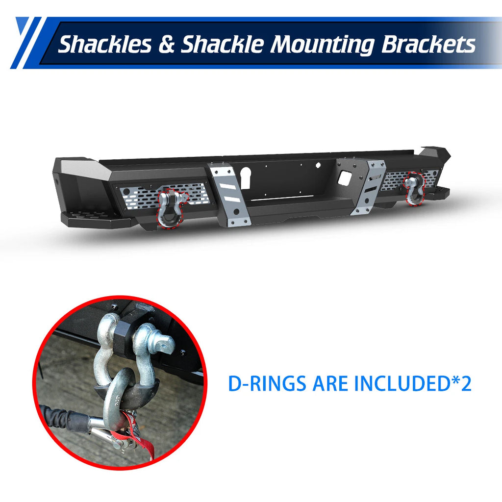 Off-Road Steel Rear Bumper Fit For 2015-2026 Ford F-150 w/2*4" LED Lights+2*D-Rings