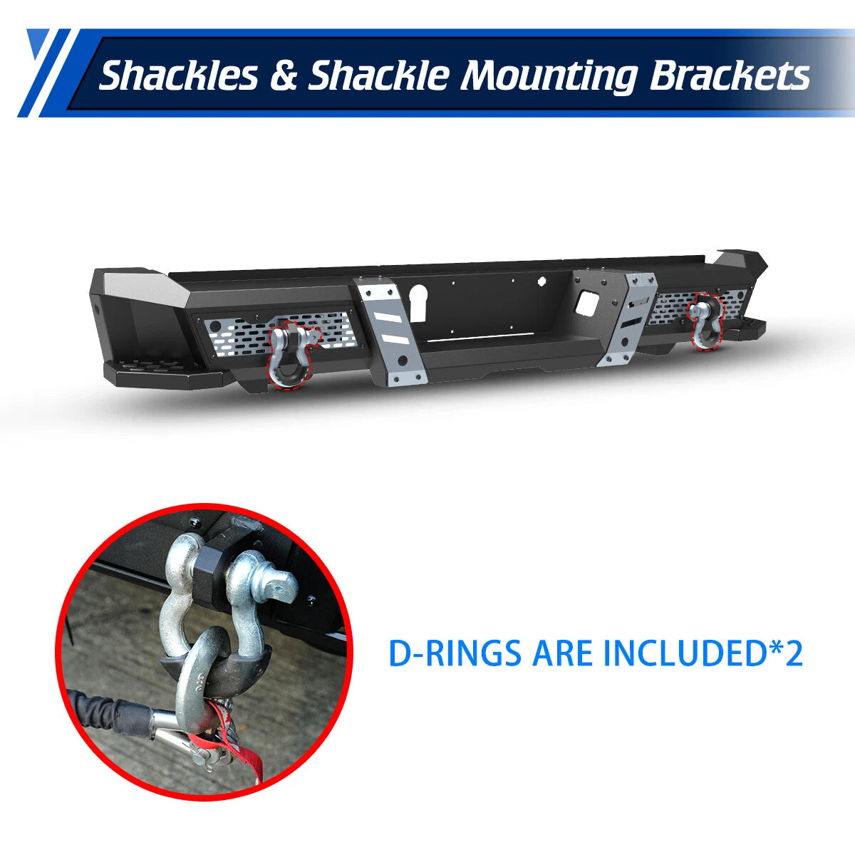 Off-Road Steel Rear Bumper Fit For 2015-2026 Ford F-150 w/2*4" LED Lights+2*D-Rings