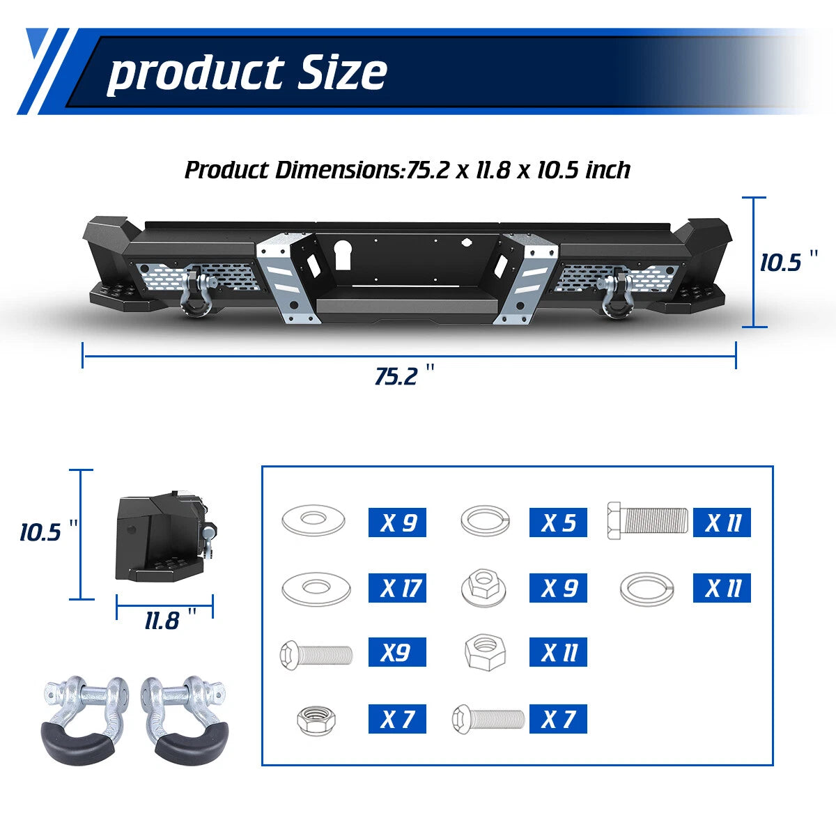 Off-Road Steel Rear Bumper Fit For 2015-2026 Ford F-150 w/2*4" LED Lights+2*D-Rings