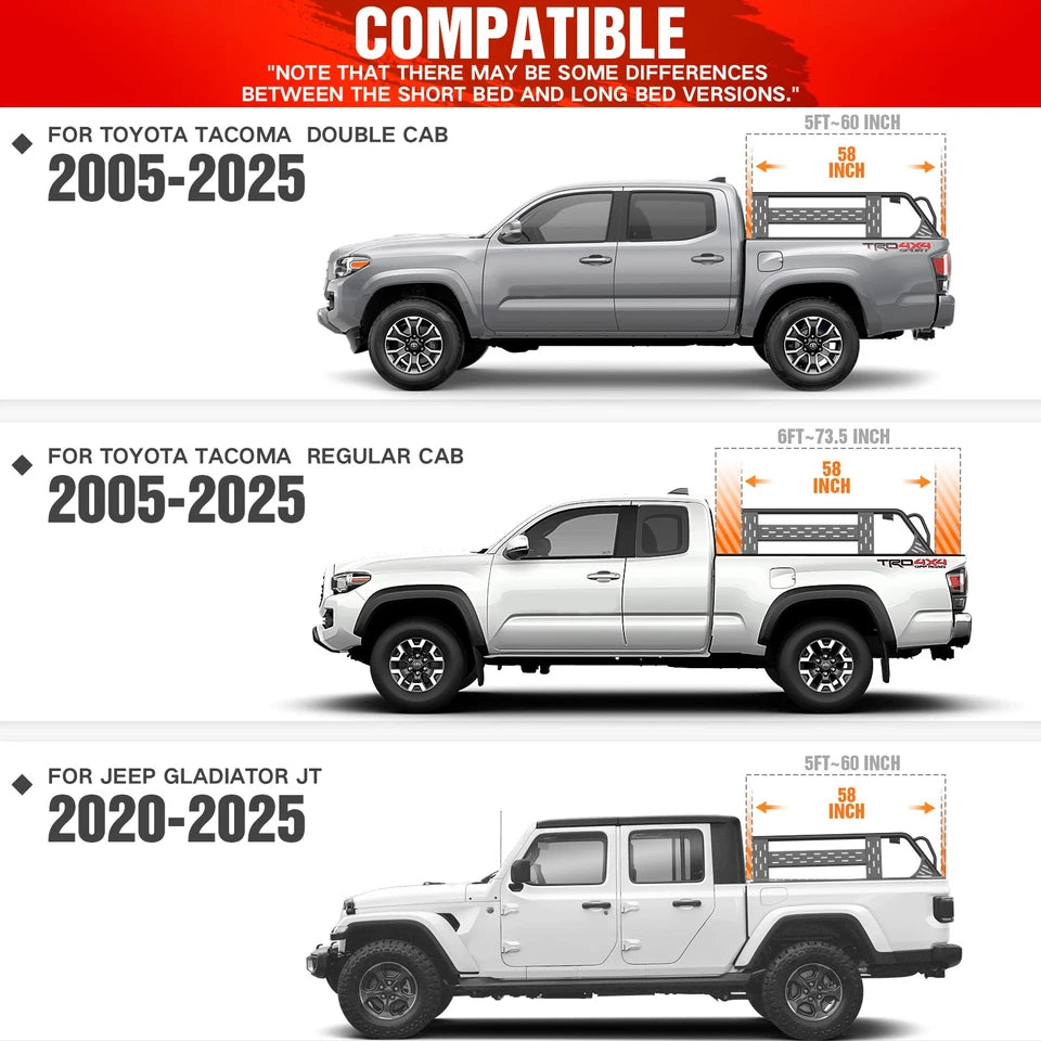1000lbs Adjustable Overland Truck Bed Rack Cargo Carrier Fit For 2005-2025 Toyota Tacoma & 2020-2025 Jeep Gladiator JT